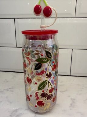 Cherry Glass Tumbler with Straw & Lid | New